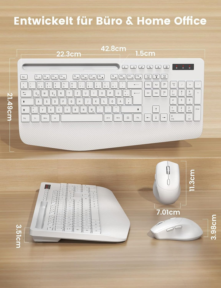 Tastatur Maus Set Kabellos, Ergonomische Tastatur in Voller Grösse mit Handgelenkauflage, Telefonhal