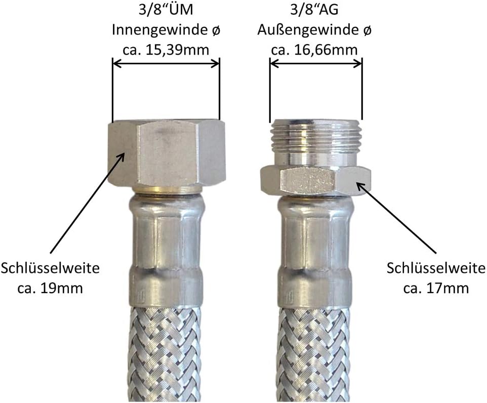 H2O-Flex® Panzerschlauch 3/8"ÜM x 3/8"AG, Flexschlauch DN8 für Sanitär mit Trinkwasserzulassung, 15c