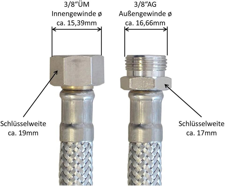 H2O-Flex® Panzerschlauch 3/8"ÜM x 3/8"AG, Flexschlauch DN8 für Sanitär mit Trinkwasserzulassung, 15c