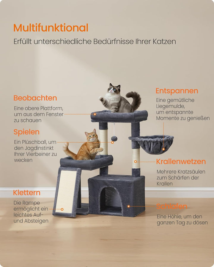 Feandrea Kratzbaum, Katzenbaum mit Kratzsäulen, Rampe, Katzenkratzbaum, 2 grosse Plattformen, Höhle