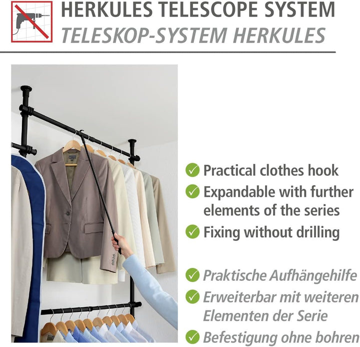 WENKO Aufhängehilfe, Zubehör zum Teleskop-System Herkules, Stahl, Schwarz/Schwarz, 4 x 76 x 1 cm, Sc