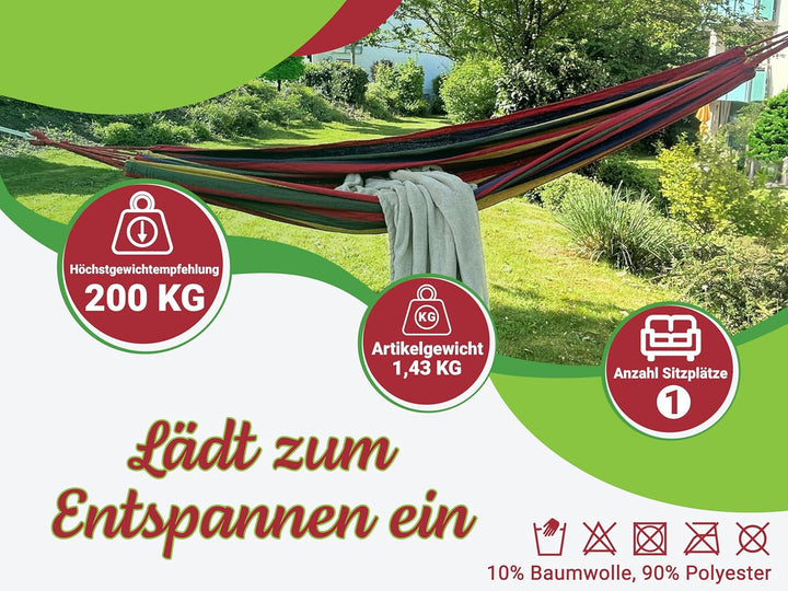 ZOLLNER Hängematte 210x150 cm - für eine Person - aus Mischgewebe - mit praktischer Tragetasche - sc