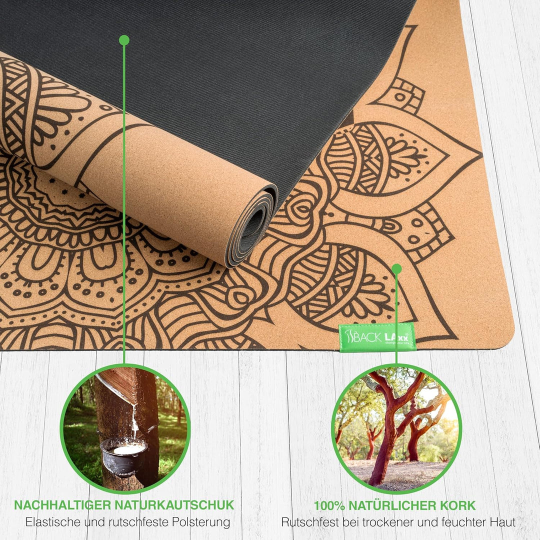 BACKLAXX ® Yogamatte Kork XXL [+50% mehr Fläche] mit Naturkautschuk - Yoga Matte nachhaltig, schadst