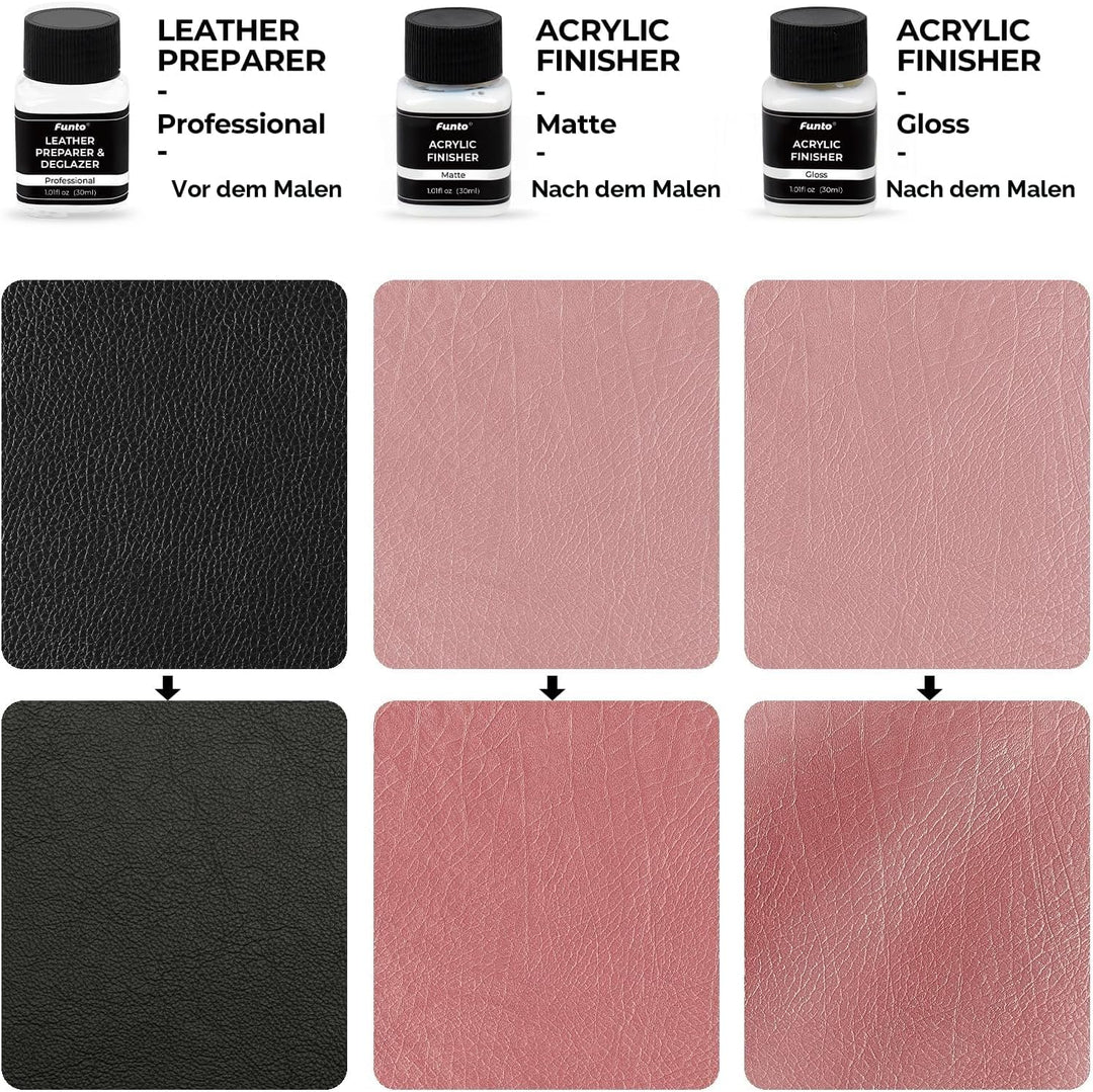 Funto Acryl Lederfarbe Set 12 Farben mit Lederreiniger, 2 Acryl-Glanzlacken, 5 Nylonbürsten, einem r