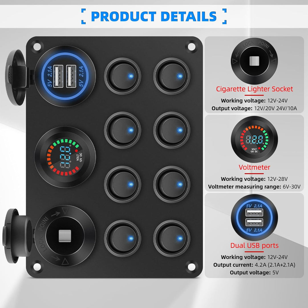 Geloo 8 Gang wasserdichte Wippschalter-Panel, blaue LED-Lichter, Dual 5 V USB-Ladebuchse, für Autos,