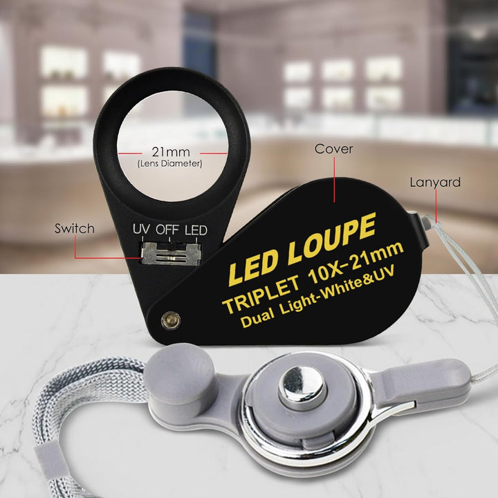 10x21mm Lupe Juwelier Lupe LED UV-Licht Triplet Objektiv Vergrösserungsstein Optisches Werkzeug 10-f
