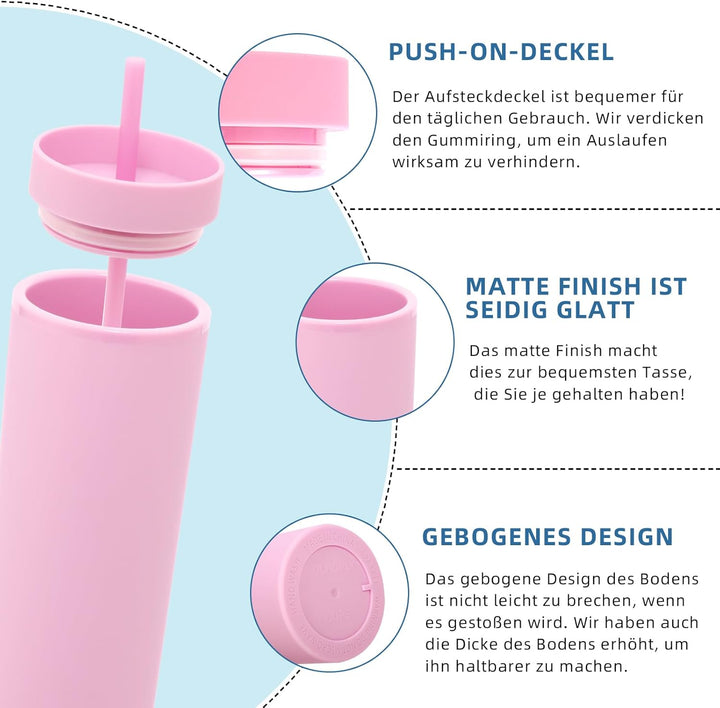Volhoply 600 ml Trinkbecher mit Deckel und Strohhalm Zehnerpack,20oz Doppelwandiger Wiederverwendbar
