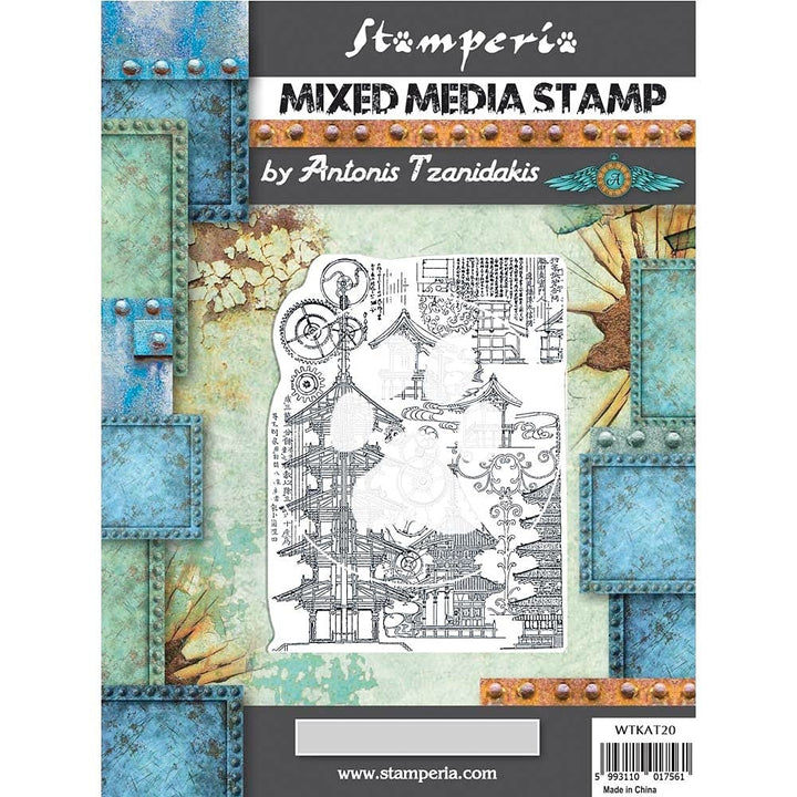 Stamperia International Mixed Media Stempel "Sir Vagabond in Japan-Pagode, grau, 16 x 20 cm, 16 x 20