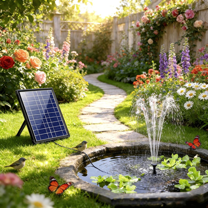 Biling Solar-Springbrunnen mit 7W Solar-Panel, eingebauter 1500 mAh Batterie, Solar-Teichpumpe, Sola