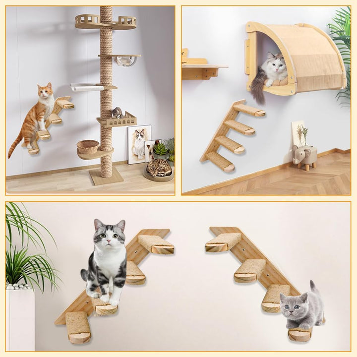 Katzentreppe Kletterwand Holz 4 Stufen Katzenleiter mit Juteseil &amp; Spielangel bis 15kg Traglast für