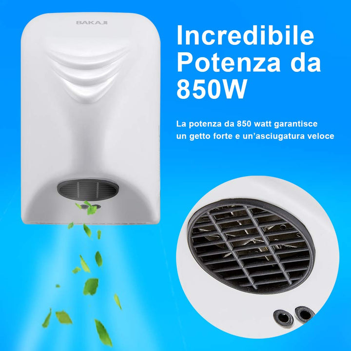 Bakaji Secador de Manos Eléctrico Automático secador de Aire Caliente de Pared - Baño Rápido con Sen