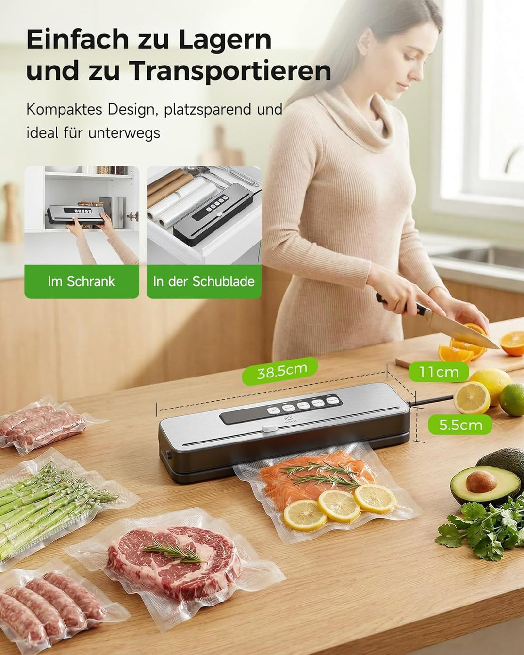 WOOX Vakuumiergerät, Kompaktes Folienschweissgerät für Lebensmittel, Trocken- & Feucht-Modus für opt