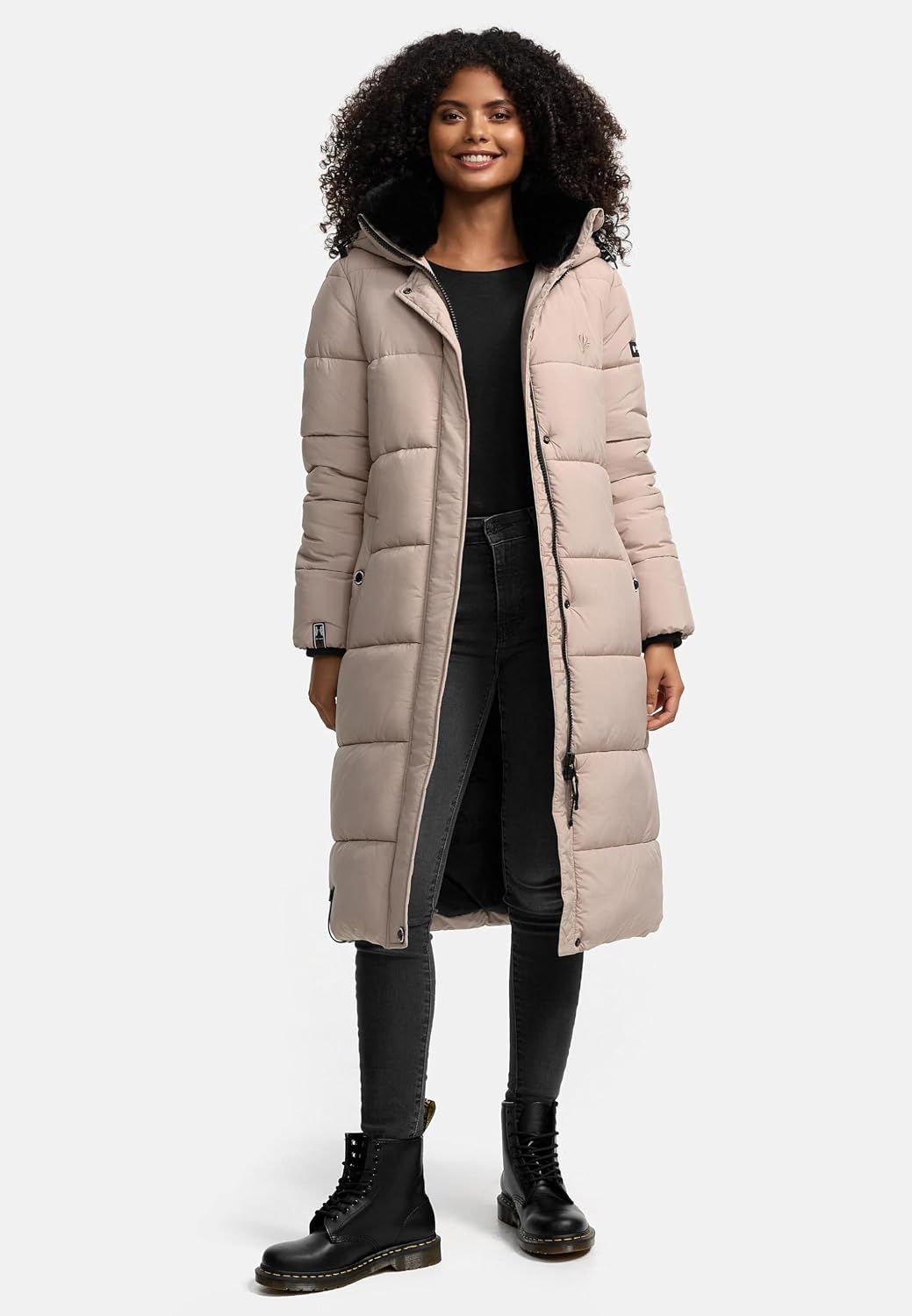 MARIKOO Damen Wintermantel warmer Steppmantel lang mit abnehmbarer Kapuze Reliziaa XS-3XL S Taupe, S