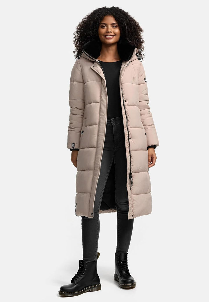 MARIKOO Damen Wintermantel warmer Steppmantel lang mit abnehmbarer Kapuze Reliziaa XS-3XL S Taupe, S