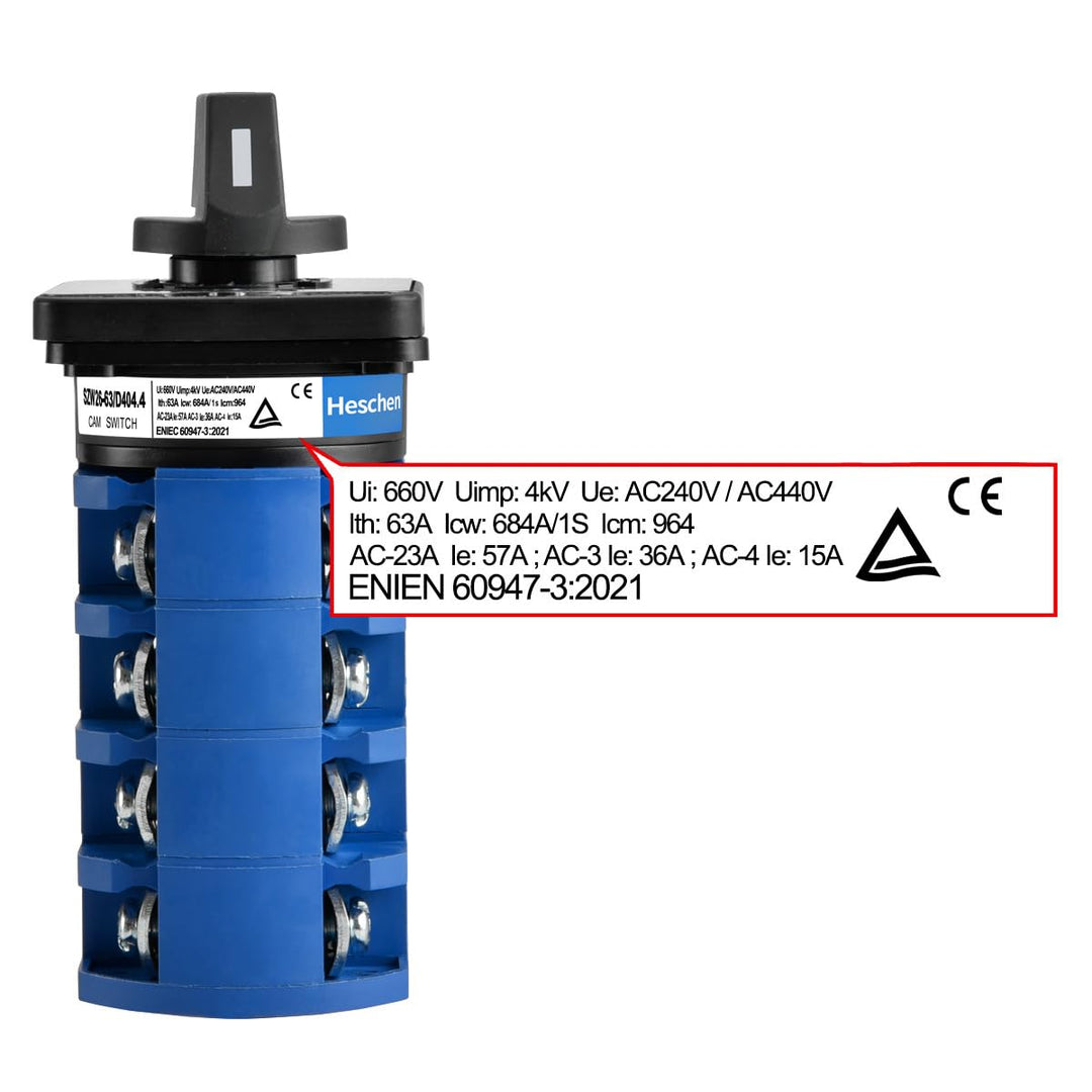 Heschen Universal Drehschalter SZW26-63/D404.4 660V 63A ON-OFF-ON 3 Positionen 4 Phasen 4NO+4NC 16 K