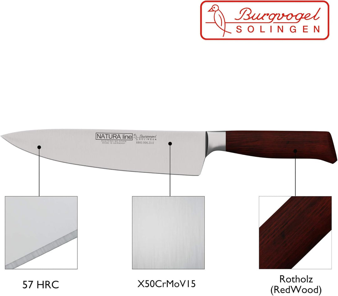 Burgvogel Solingen Natura Line, Kochmesser Holzgriff, rot satiniert, geschmiedet, 23 cm, sehr scharf