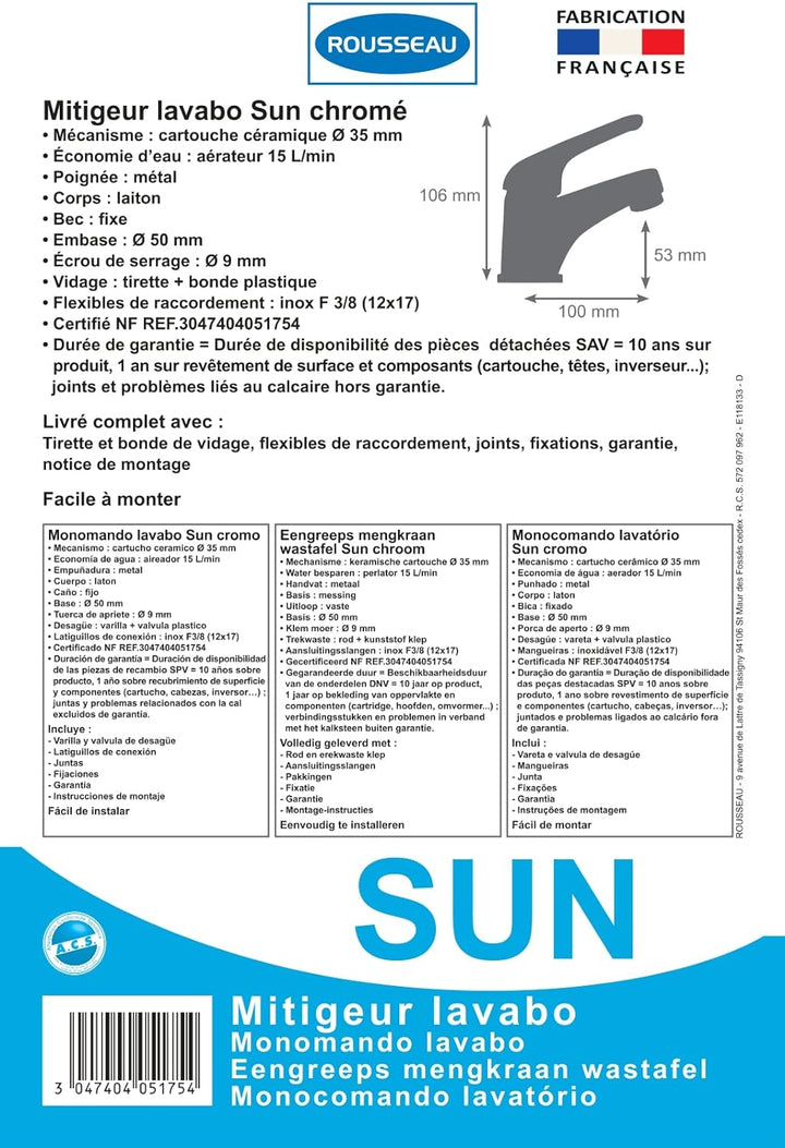 Rousseau 4051754 Sun Waschtischarmatur chrom Hebel, Hebel
