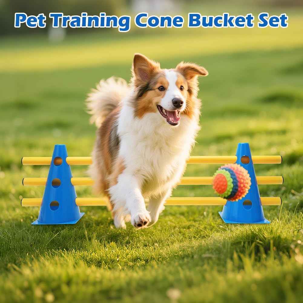 Agility Set Hunde Klein Cavaletti Hunde Steckhürdenset, Sports Steckhürdenset 10 Kegel + 5 Stangen,