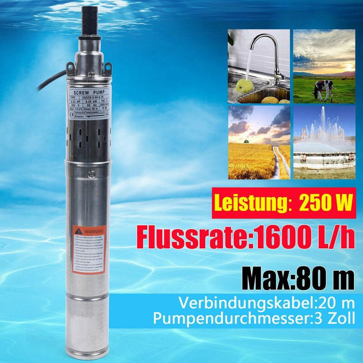 250W Tiefbrunnenpumpe, 20DB Edelstahl Wasserpumpe, 1600 Liter/Stunde, Eintauchtiefe bis 262 Zoll, fu
