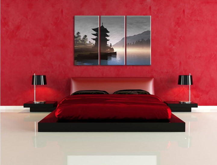 Pixxprint Chinesisches Haus B&W Detail 3-Teiler Leinwandbild 120x80 Bild auf Leinwand