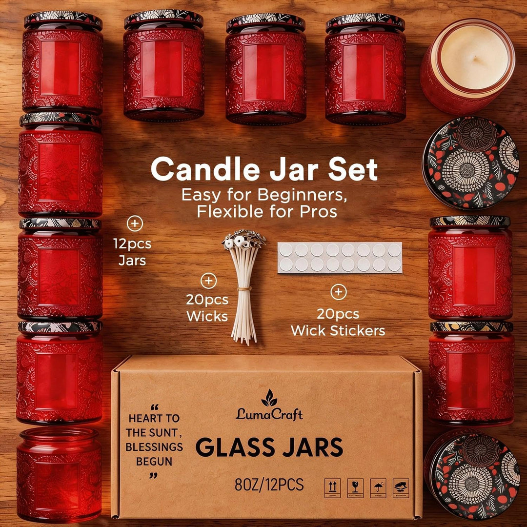 LumaCraft Candle Luxus Relief Kerzengläser zum Kerzen giessen- 12er Pack Leere Glasgefässe mit Luftd