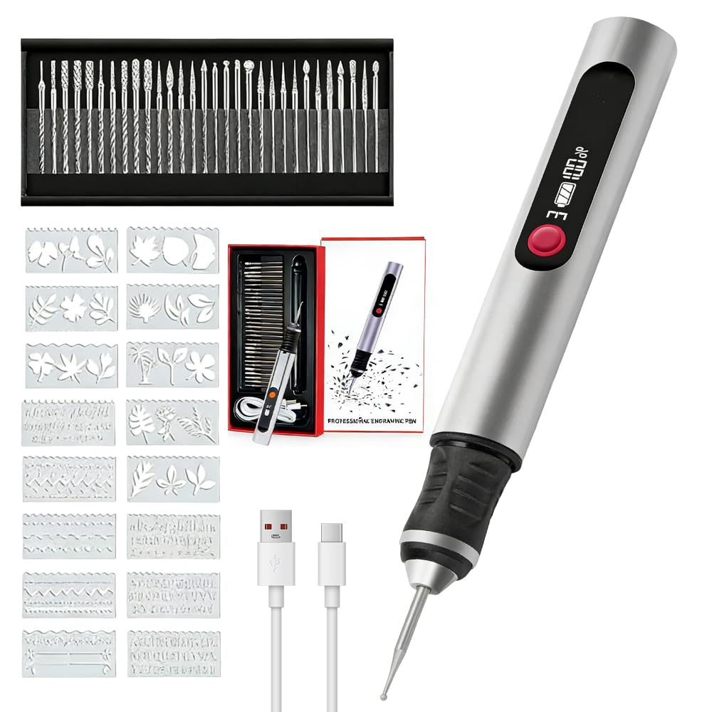 Gravierstift, Elektrischer Gravur Stift mit 30 Bits und 16 Vorlagen, Kabelloser Tragbarer Gravur Ger