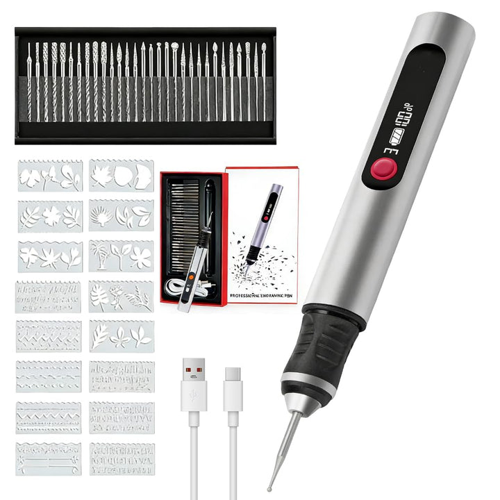 Gravierstift, Elektrischer Gravur Stift mit 30 Bits und 16 Vorlagen, Kabelloser Tragbarer Gravur Ger