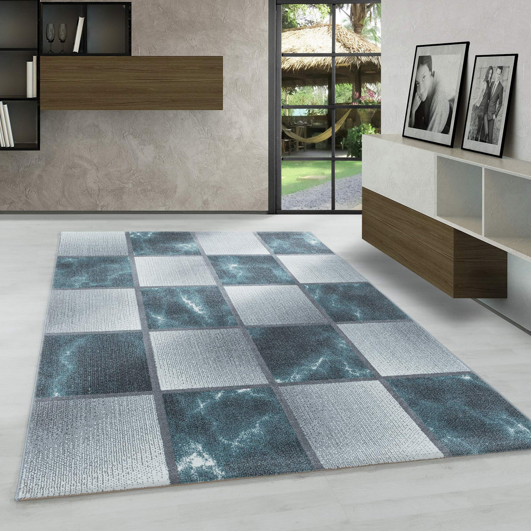 Carpetsale24 Modern Designer Teppich, Kurzflor Karo Design - Marmor Optik, Rechteckig, Blau Grau Wei