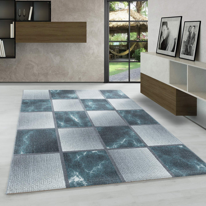 Carpetsale24 Modern Designer Teppich, Kurzflor Karo Design - Marmor Optik, Rechteckig, Blau Grau Wei