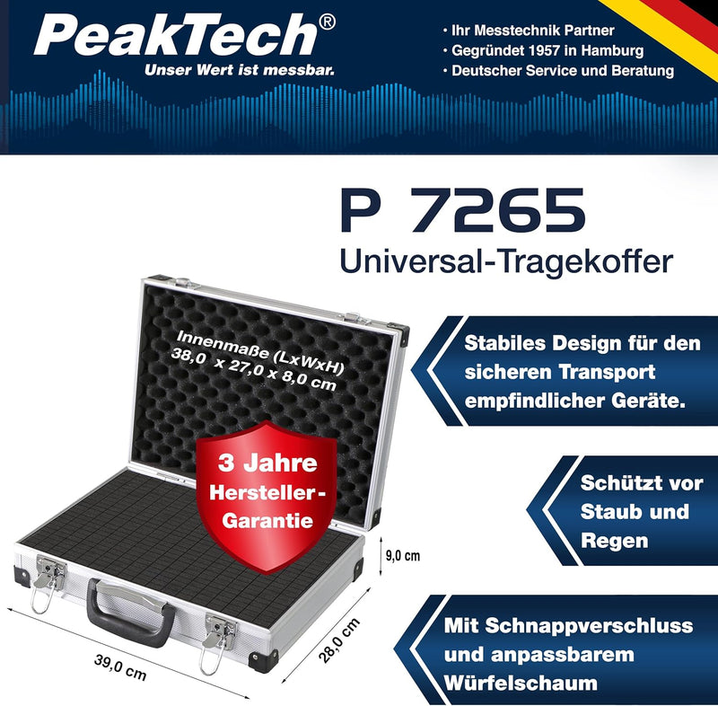 PeakTech 7265, Transportkoffer für Messinstrumente, widerstandsfähiger Aluminiumkoffer, Werkzeugfach