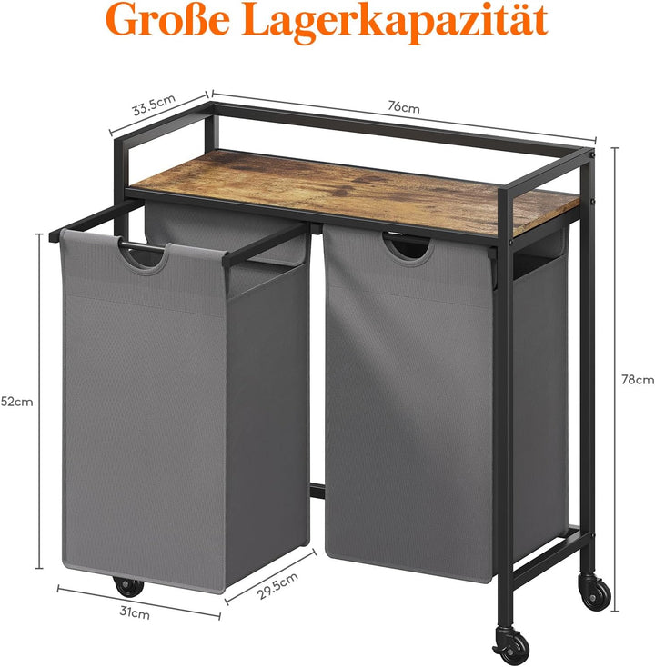 Lifewit Wäschekorb 2 Fächer mit Rollen, 95L/47,5x2L Wäschesammler mit Ablage, Laundry Baskets mit he