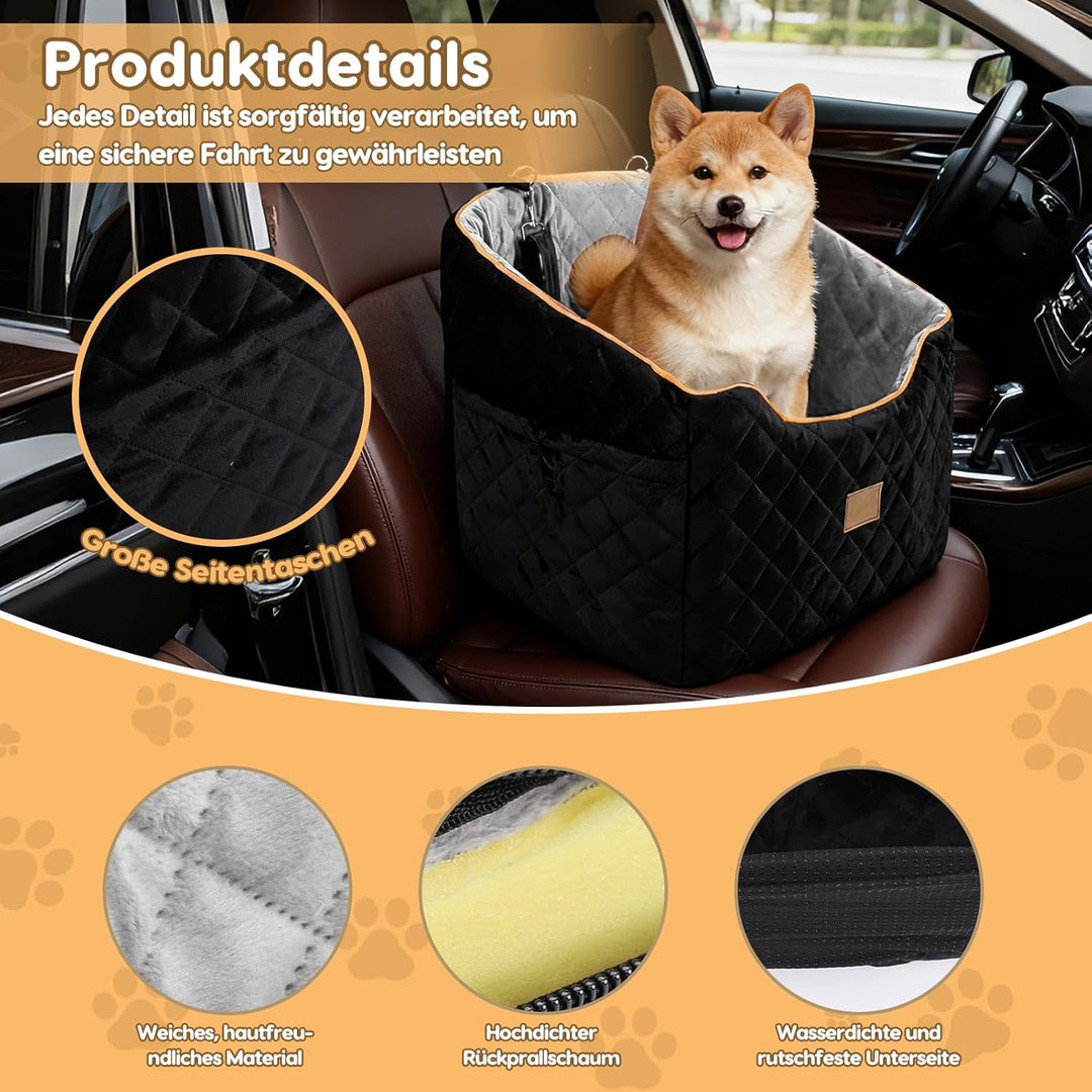 Hunde Autositz - Abnehmbarer Waschbarer Hundesitz mit Rutschfester Basis & Seitentaschen für Auto Re