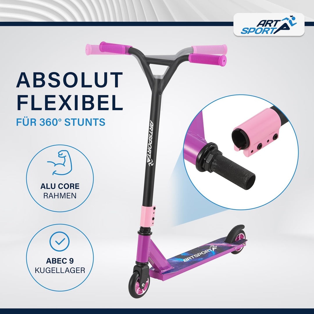 ArtSport Stunt Scooter mit 360° Lenkung, ABEC 9 Kugellager, 100 mm PU Räder & Griptape, Funscooter f