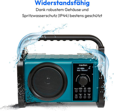 MEDION E66877 DAB+ Baustellenradio (Robustes Gehäuse, Spritzwassergeschützt (IP44), Bluetooth 5.0, P