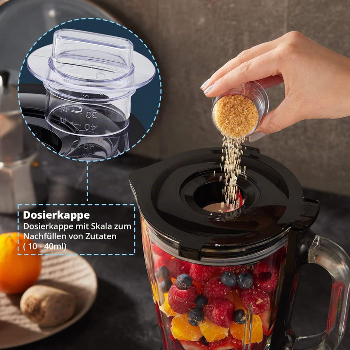 KHG Smoothie Maker Standmixer aus Glas für 1,75 Liter in Schwarz &amp; Edelstahl, mit Messskala, Nachfül