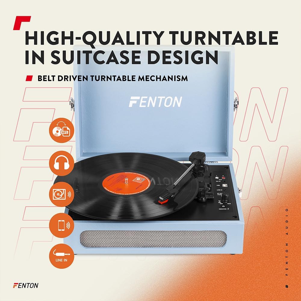 Fenton RP118E - Bluetooth Plattenspieler mit Lautsprecher, Bluetoothsender und Empfänger, Schallplat