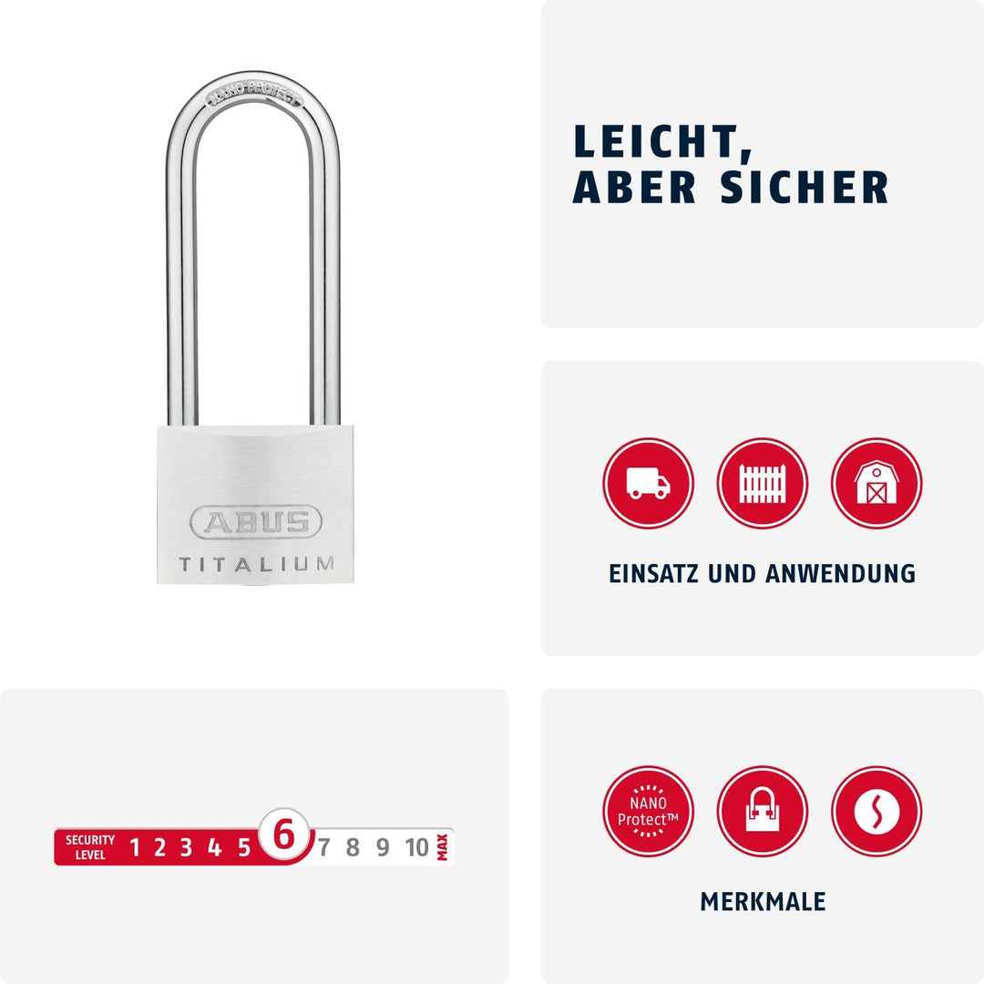 ABUS Vorhängeschloss Titalium 64TI/50HB80 mit hohem Bügel - Kellerschloss mit Schlosskörper aus Spez