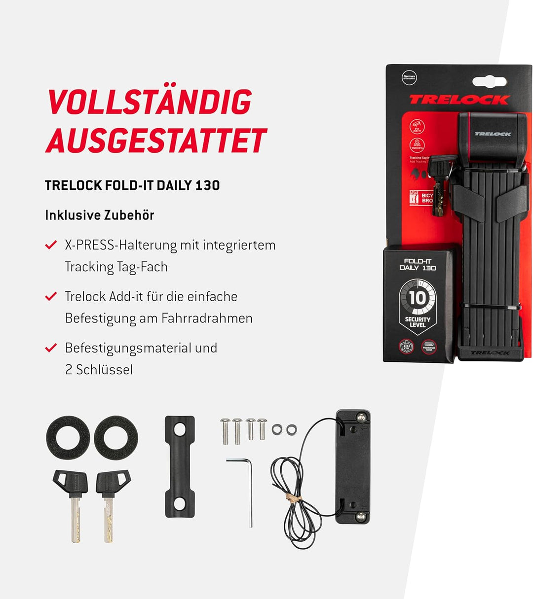 TRELOCK Fold-it Daily – Faltschloss 130 cm – inkl. X-Press-Halterung mit Tracking Tag Fach – Fahrrad