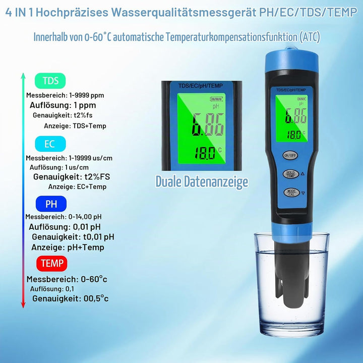 Ueomul pH Messgerät 4 IN 1 mit TDS EC Temperatur Multi-Parameter-Tester 0,01 Auflösung hohe Genauigk