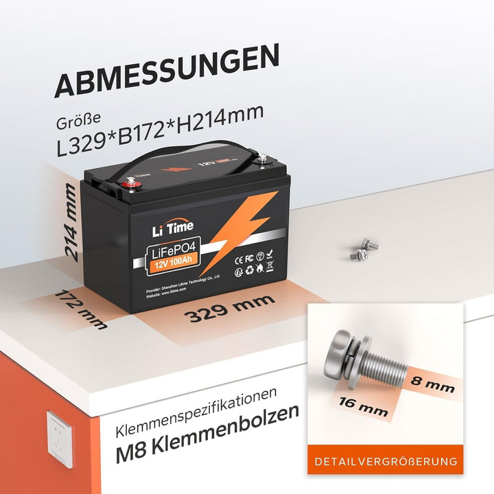 LiTime 12V 100Ah LiFePO4 Batterie, 1280Wh Lithium Batterie mit 100A BMS, 4000-15000 Zyklen Ladezykle