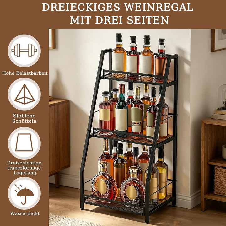 3-Tier Abgestufte Liquor Cabinet Mini Bar, Freistehendes Weinregal mit Geländer, Metall-Holz Flasche