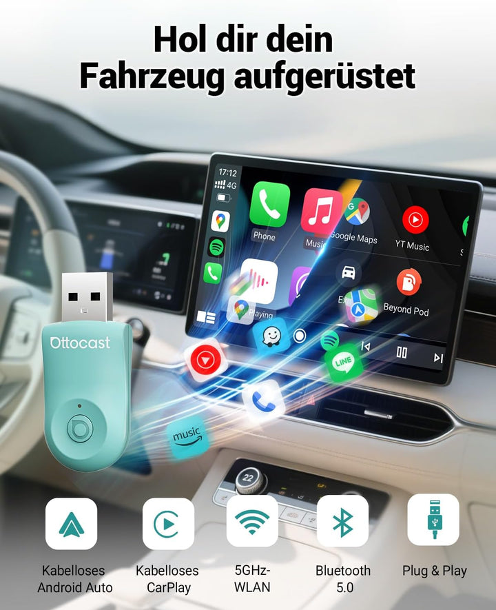 2025 Verbesserter 2-in-1 Wireless CarPlay &amp; Android Auto Adapter, OTTOCAST MINI Kabelloser CarPlay A