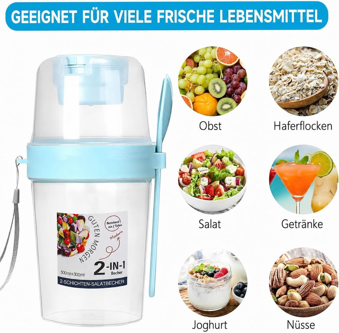 8 Stück Overnight Oats Becher mit Löffel und Deckel – 800 ml Joghurt Müsli To-Go Becher mit Fach, Wi