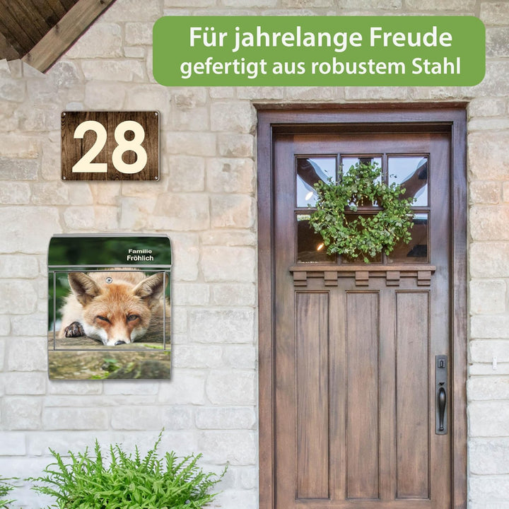 banjado® Design Briefkasten personalisiert mit Motiv Fuchs Relax 39x47x14cm & 2 Schlüssel - Briefkas