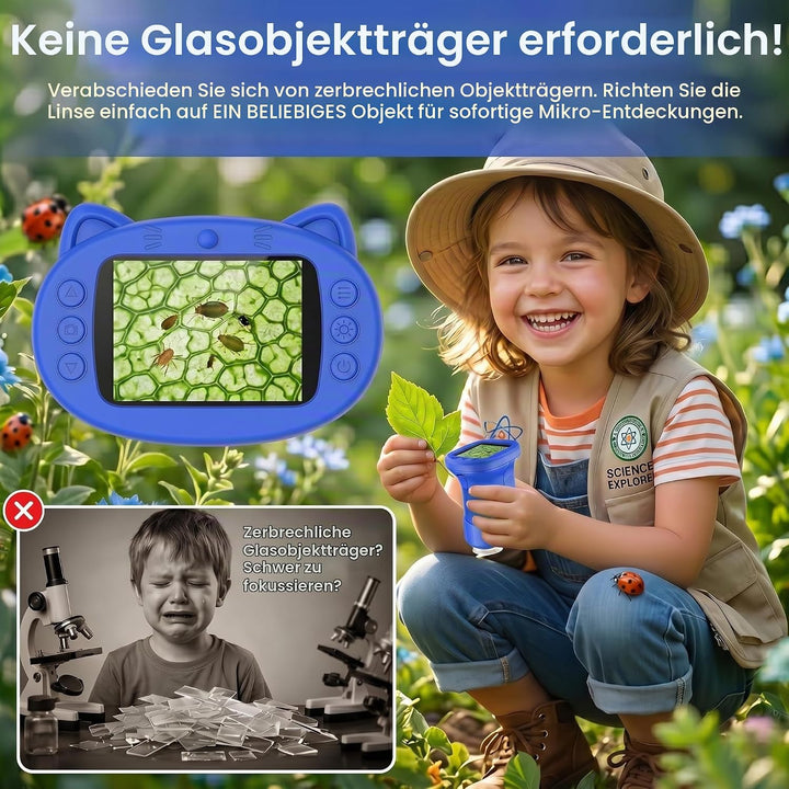 Mikroskop für Kinder, 1000X 4K Digitales Mini-Mikroskop mit 2,4″ IPS-Display, 8 LED Licht, USB-aufla