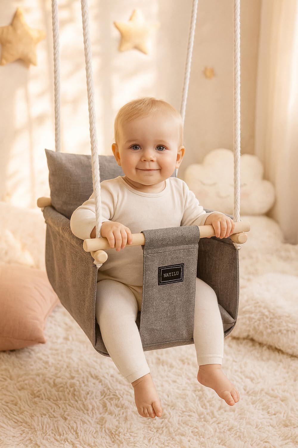 NATILU® Babyschaukel Set mit Sicherheitsgurt Haken Ringe Silver | Schaukel Baby Indoor Outdoor | Kin