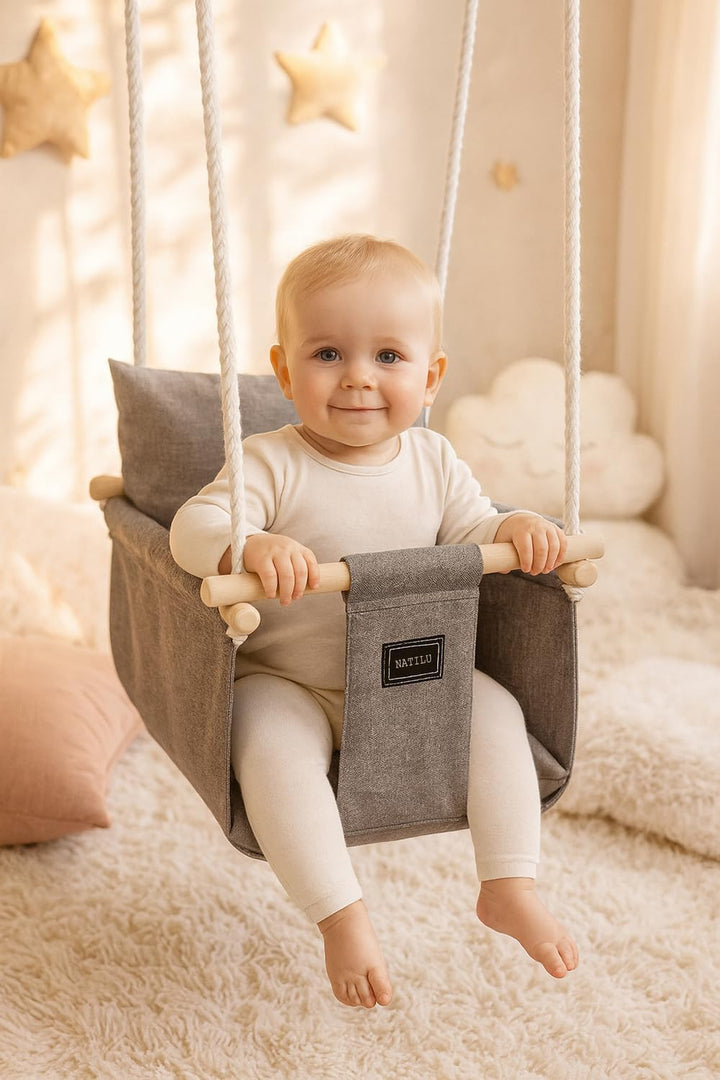 NATILU® Babyschaukel Set mit Sicherheitsgurt Haken Ringe Silver | Schaukel Baby Indoor Outdoor | Kin