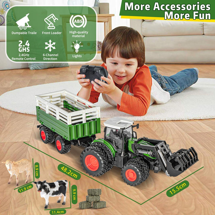 PENGBU RC Traktor Spielzeug ab 3 4 8 Jahre, 2.4 GHz Ferngesteuerter Traktor Ferngesteuert, Trecker F