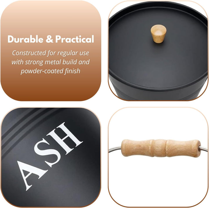 Ascheeimer aus Metall, Eimer mit Deckel, dunkelgrau, 12 Liter, ideal als Kamin, Holzofen und Grill Z