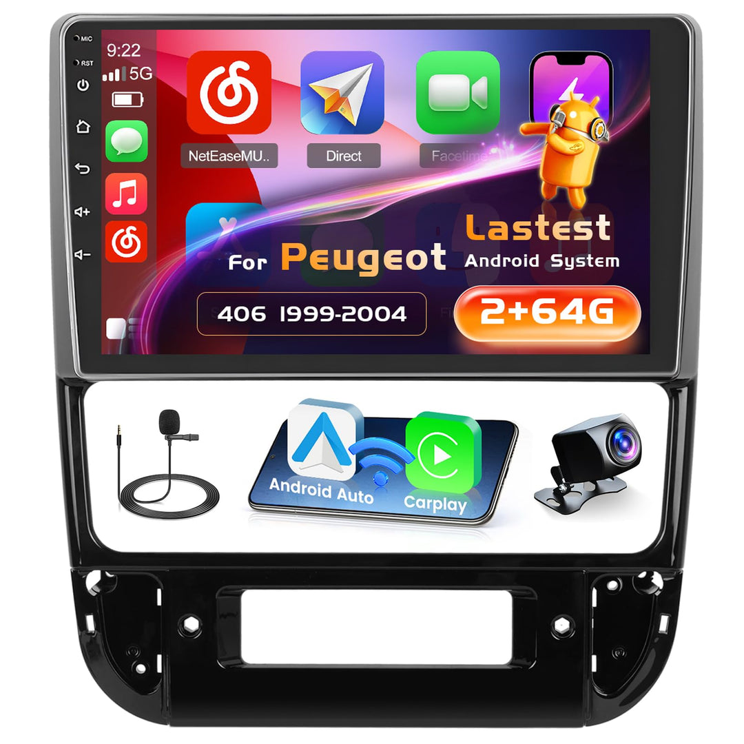 9 Zoll Android 15 Autoradio für Peugeot 406 1999-2004 2 DIN Bildschirm (2 + 64GB) mit Wireless CarPl